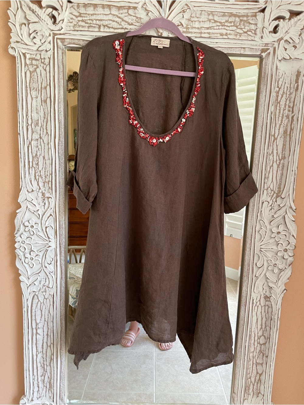 Brown 100% Linen Beaded Neckline Cuff Pockets Loose Fit Dress 1X